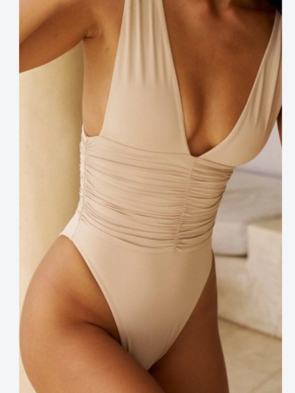 Echo One Piece Moderate Coverage Swimsuit. V neck. Coconut. Sz S. NWT